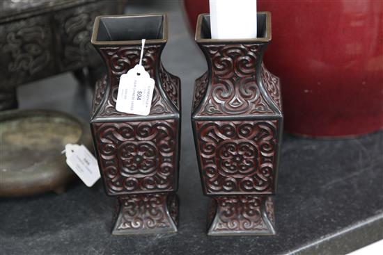 A pair of Chinese Guri lacquer square baluster vases, late 19th / early 20th century, 23.5cm